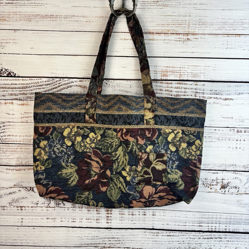 Handmade Tapestry Tote Bag Rectangle Deep Earthy Tones Floral Pockets Romantic